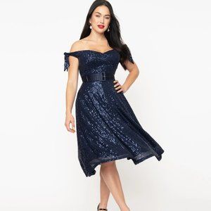 Unique Vintage Navy Sequin Swing Dress with pockets